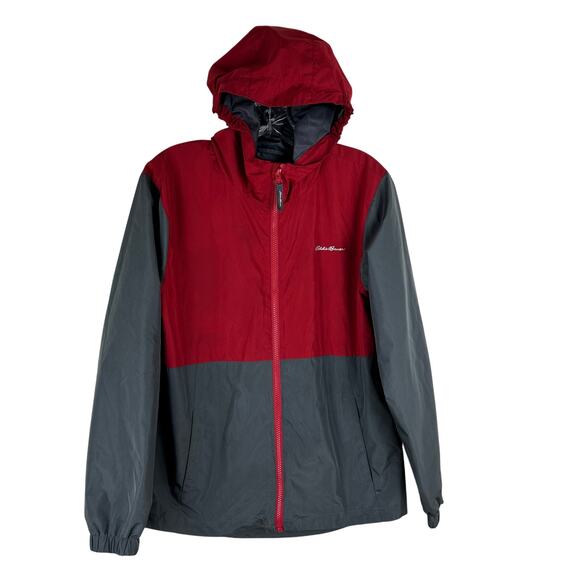 Eddie Bauer Boys Rain Jacket Size Large 14/16 Red Grey Hood Double Zip - Picture 1 of 9